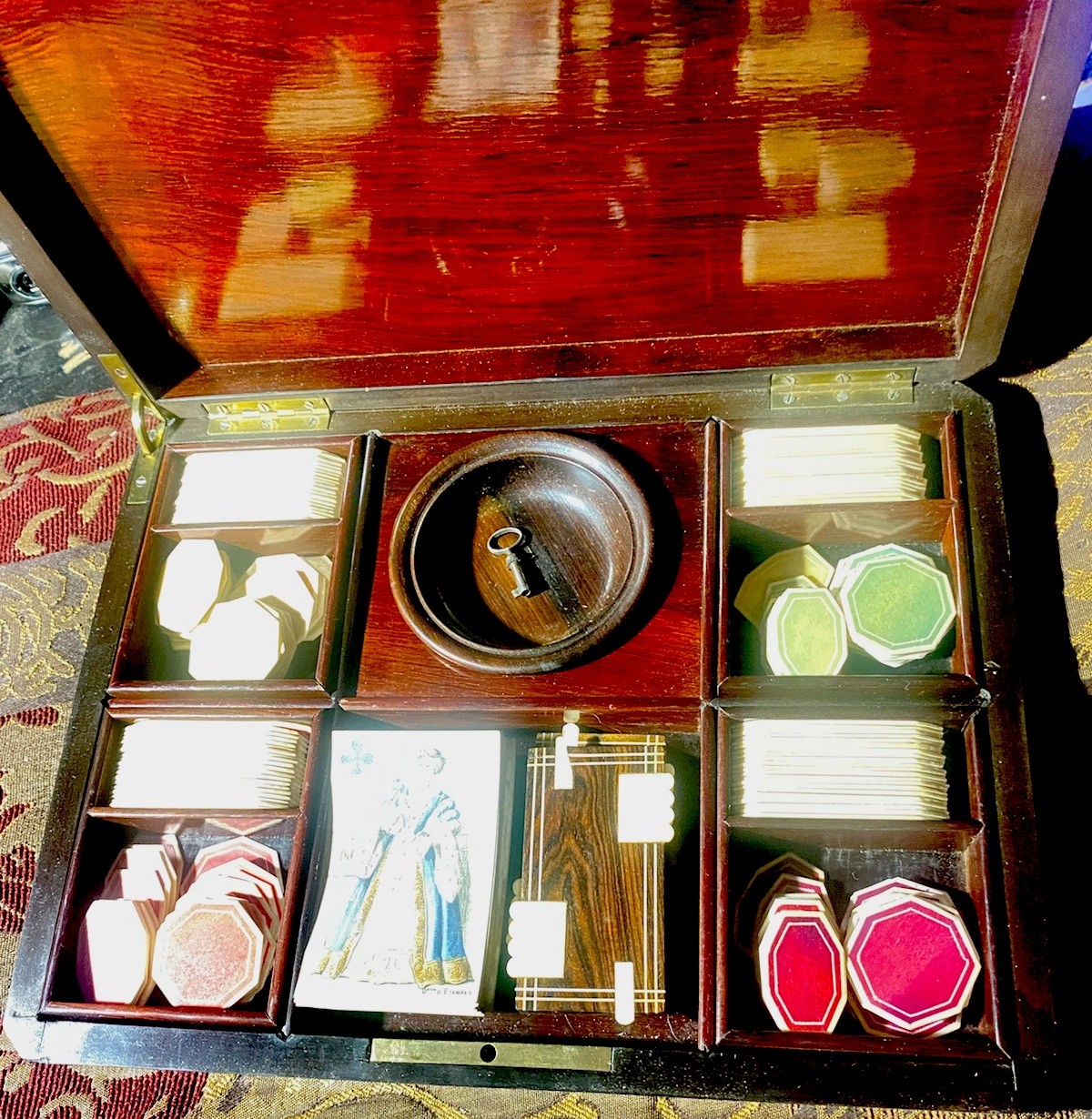 Boulle Case W/key, Hand Painted Cards, Poker Dice, 4 Chip Sets, And 2 Counters.