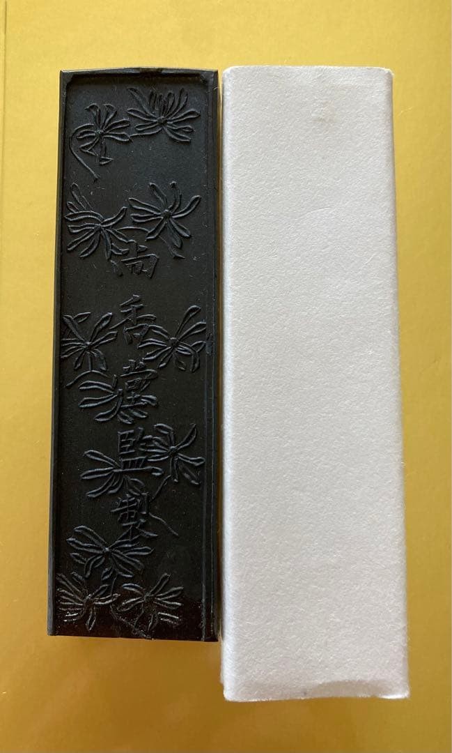 Shokodo Solid Ink Stick with Floral Carving Black Sumi in Gift Box Used