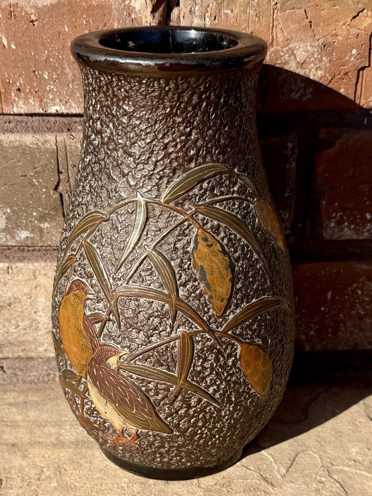 Antique 1920’s Japanese Tokanabe Ware Tree Bark Pottery Vase W/ Birds & Reeds