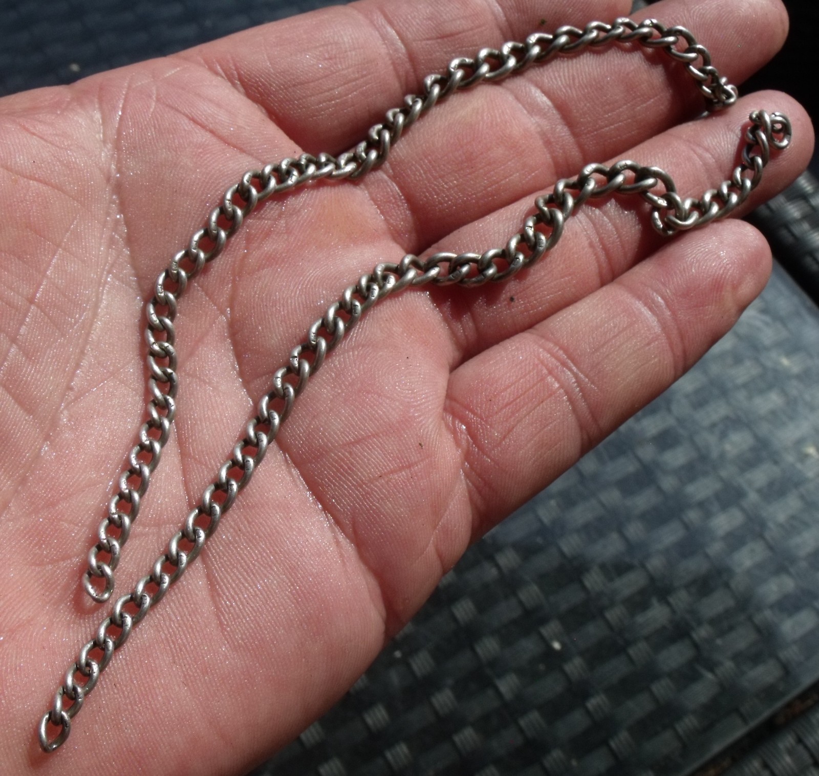 TWO ANTIQUE STERLING SILVER SLENDER POCKET WATCH CHAIN, NO T BAR OR CLIPS.