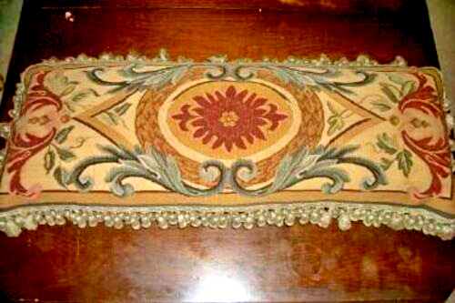French Aubusson Tapestry Bolster Feather Pillow Woven Wool Fringed Large Vintage