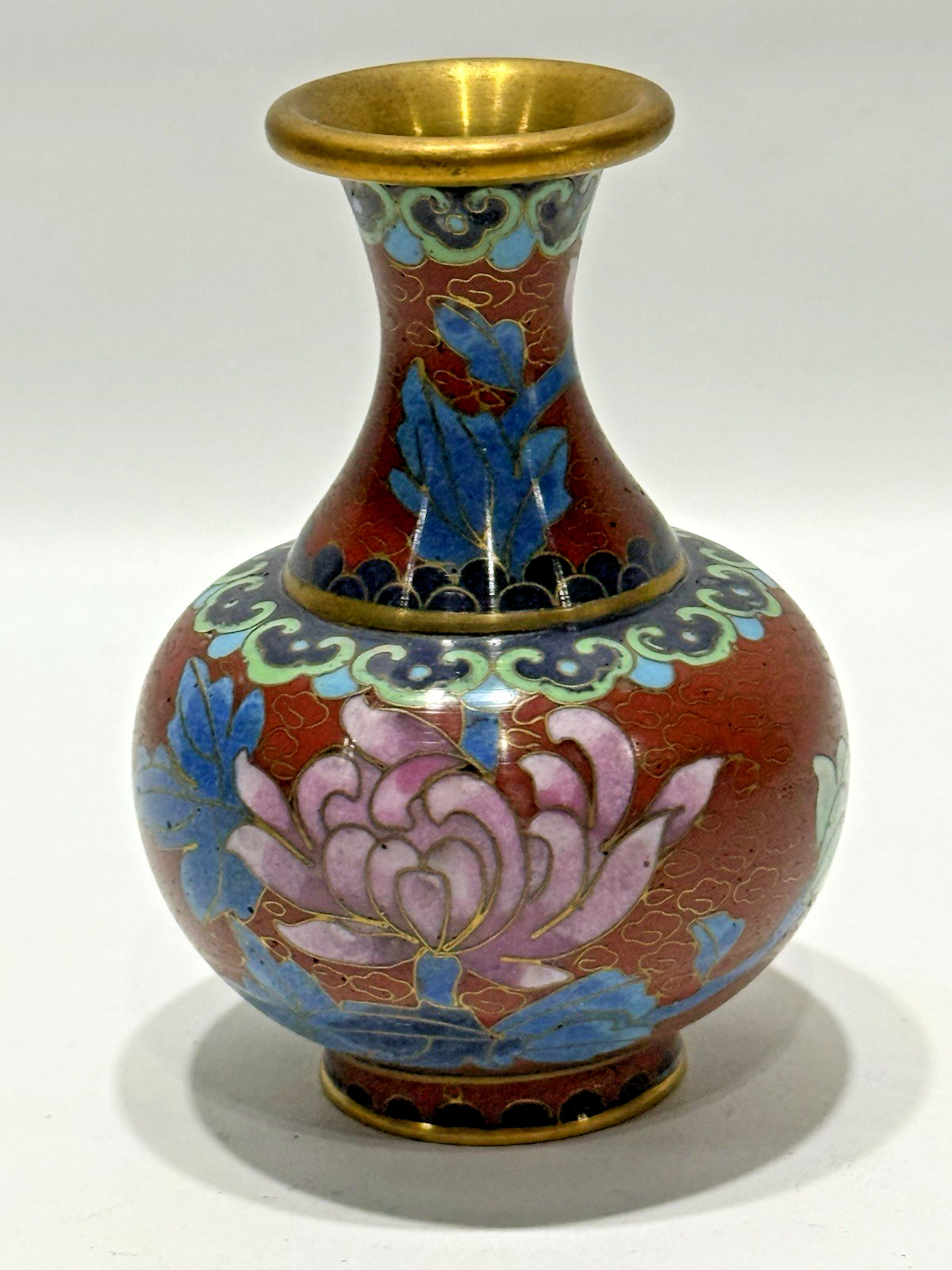 Vintage Chinese Floral Cloisonne Enamel Brass Vase 4″x3″