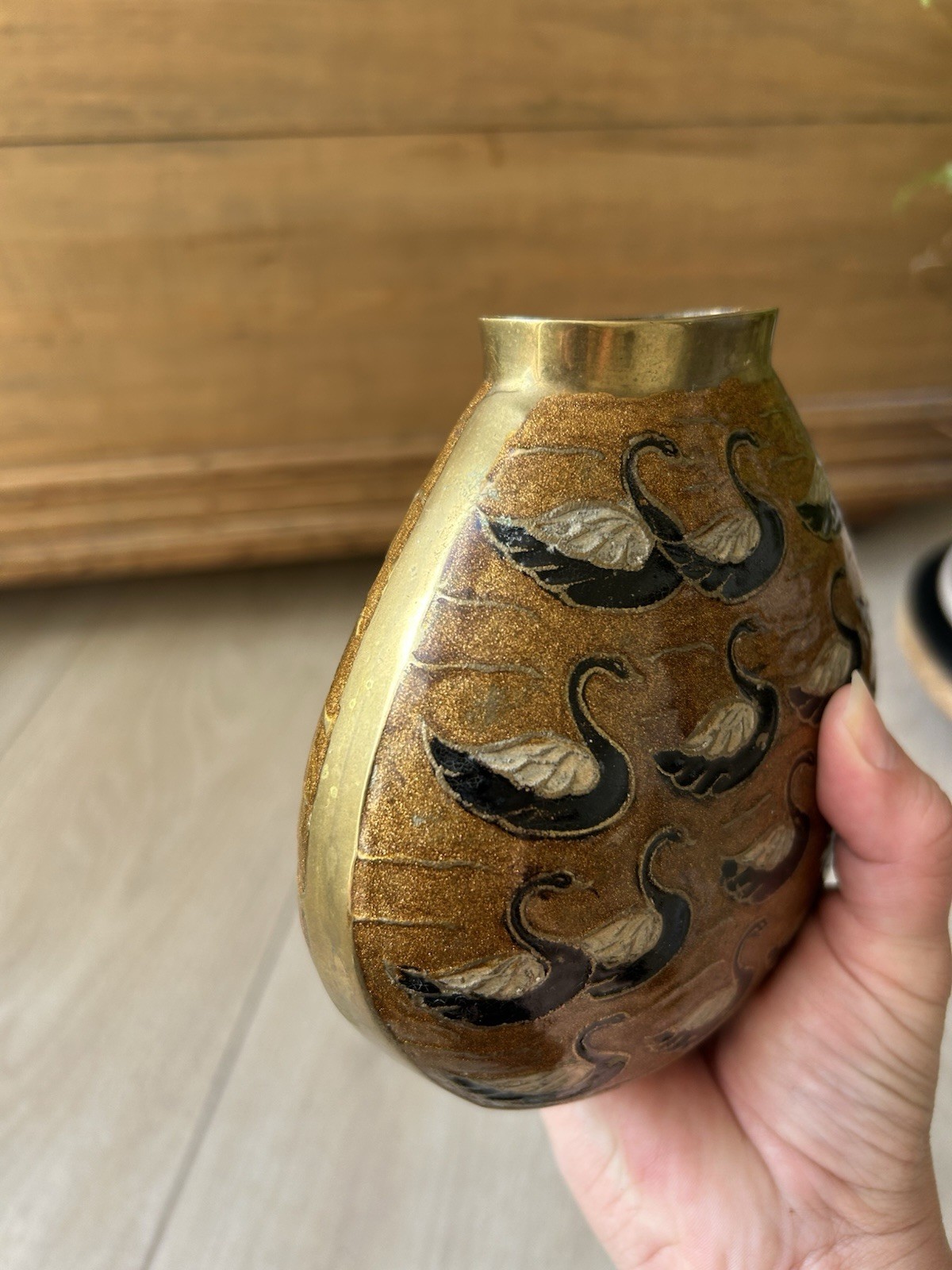 Vintage Heavy Brass Cloisonné Style Swan Vase Black & White Enamel Boho (1200)