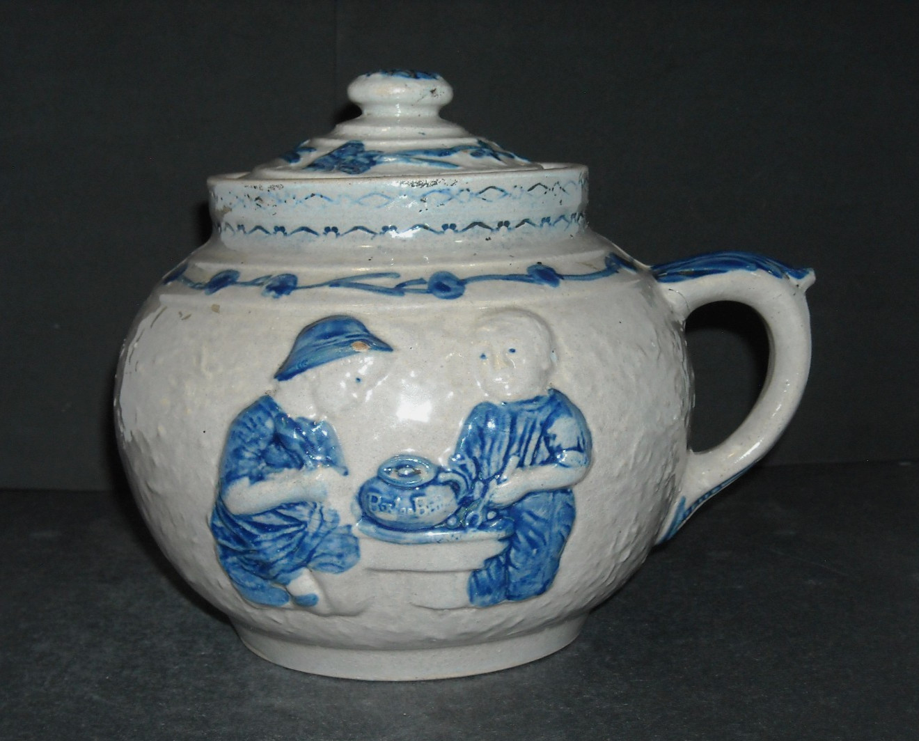 EXC Blue & Grey Whites Utica Stoneware Boston Baked Bean Pot w/Cover Pottery NY