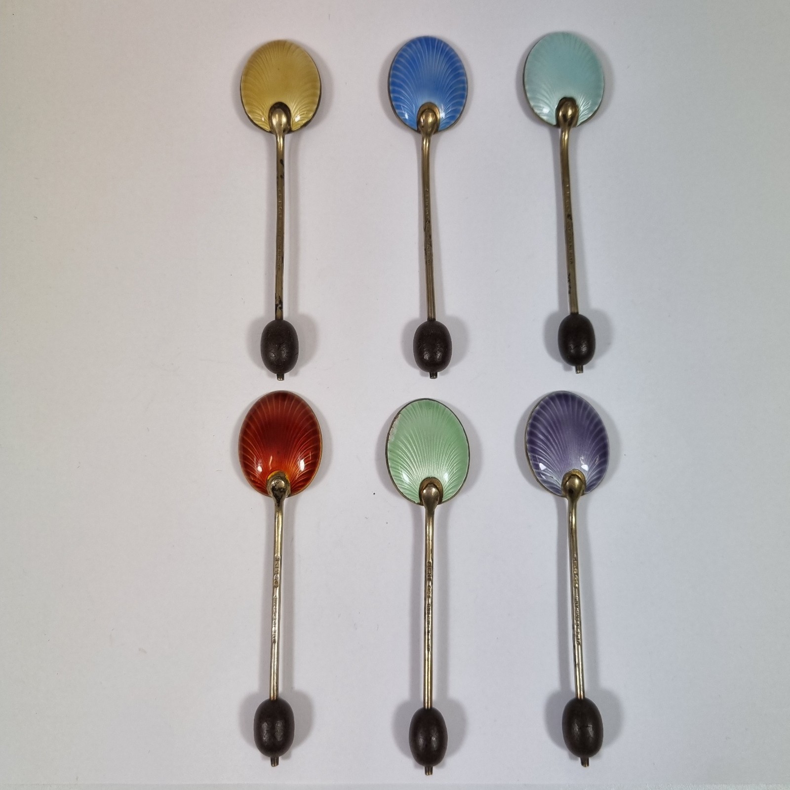 Vintage Set 6 Silver And Guilloche Enamel Coffee Bean Spoons Birmingham 1955