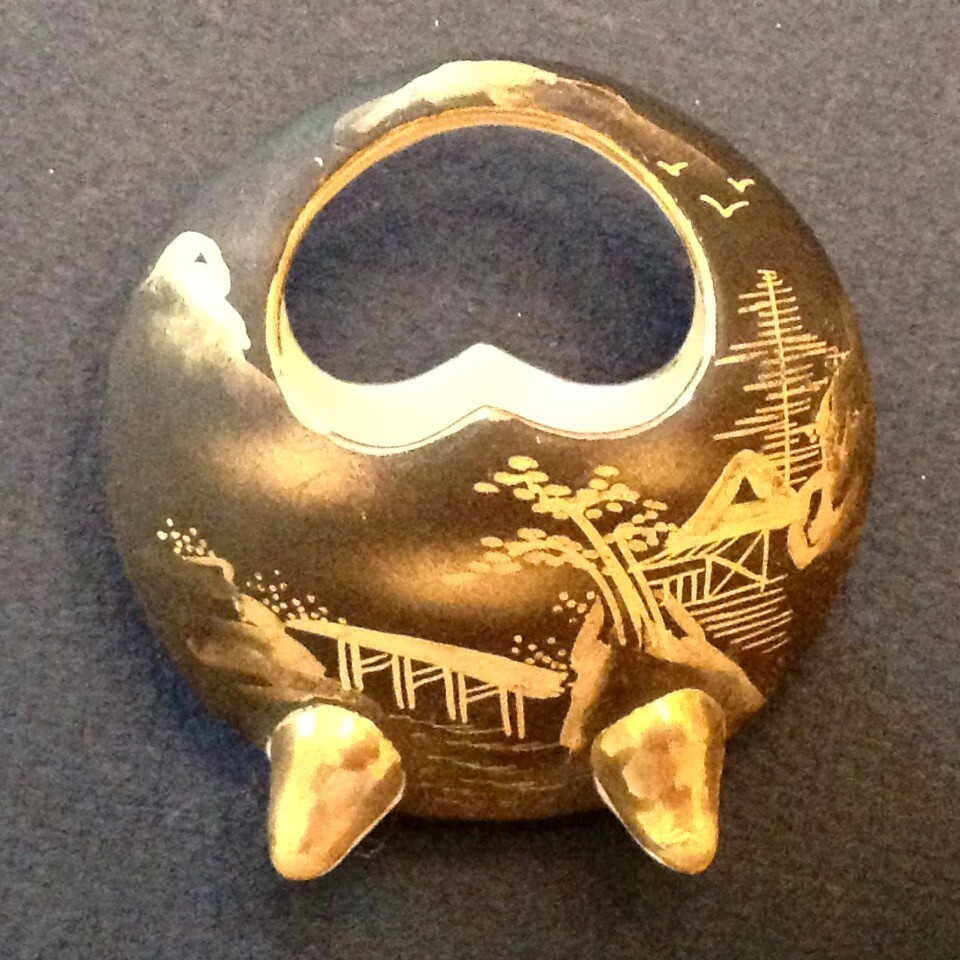 ~ Antique Japanese Matte Black and Gold Satsuma Miniature Basket Vase