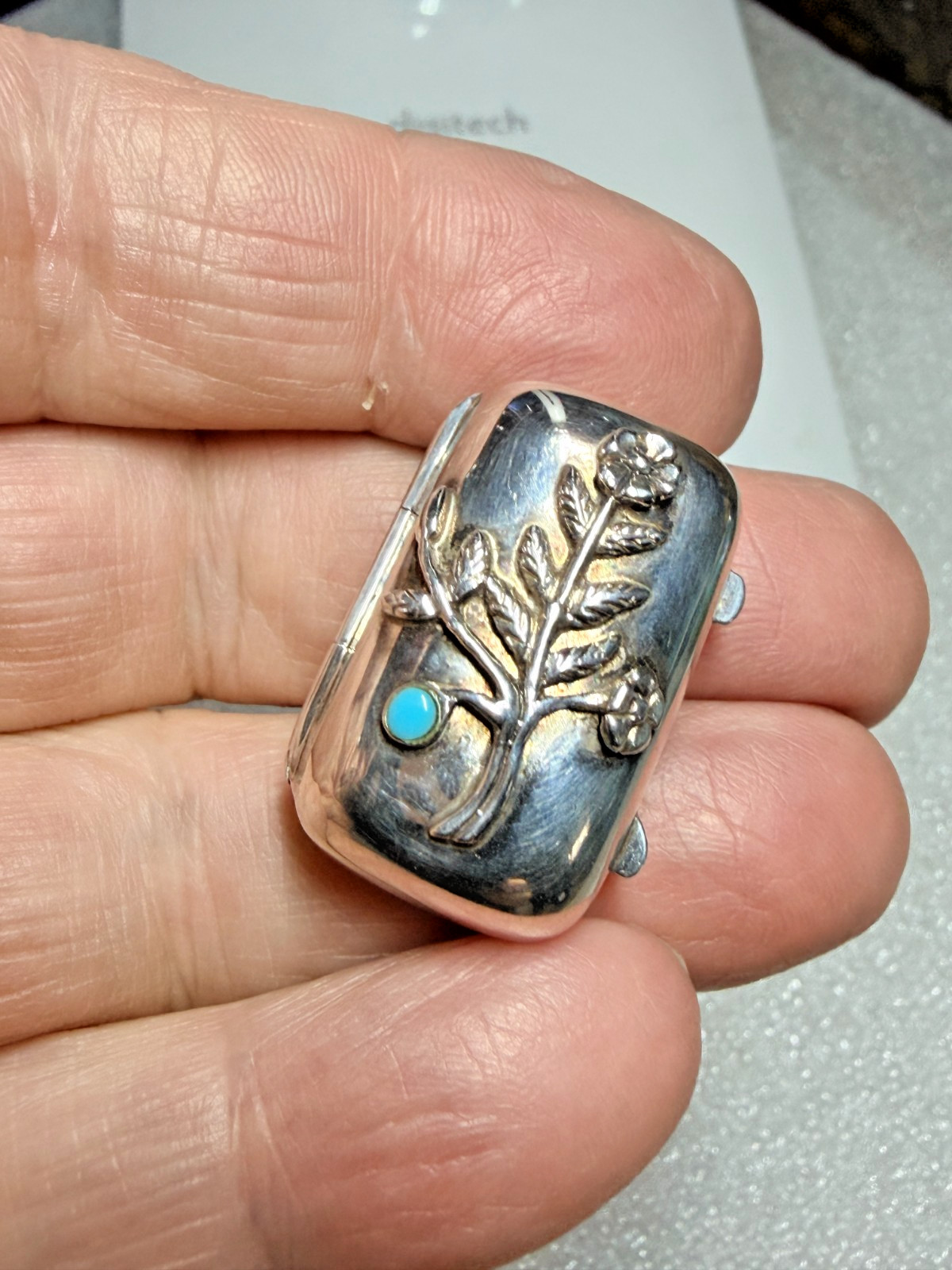 Sterling Silver Pill Box – Turquoise Flower – A D Norman – London – 1996