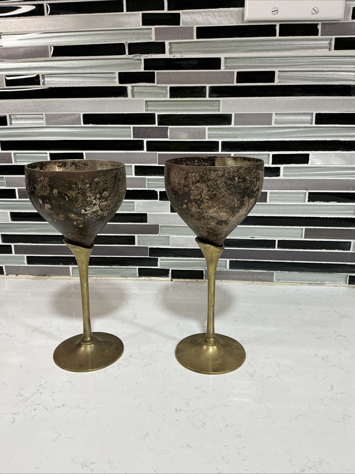 Vintage Brass Stem Goblets Pair Rustic Boho Decor Chalice Cups Candle Holders KA
