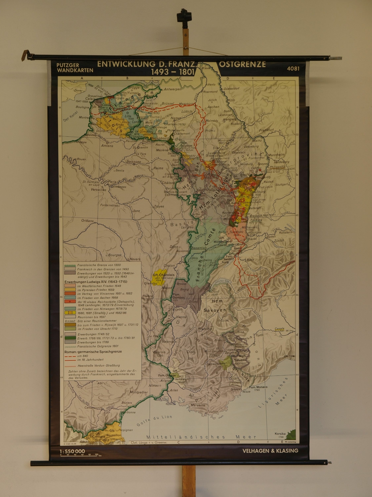 German-French Border Development Burgundy 1968 School Wall Map 132x201cm