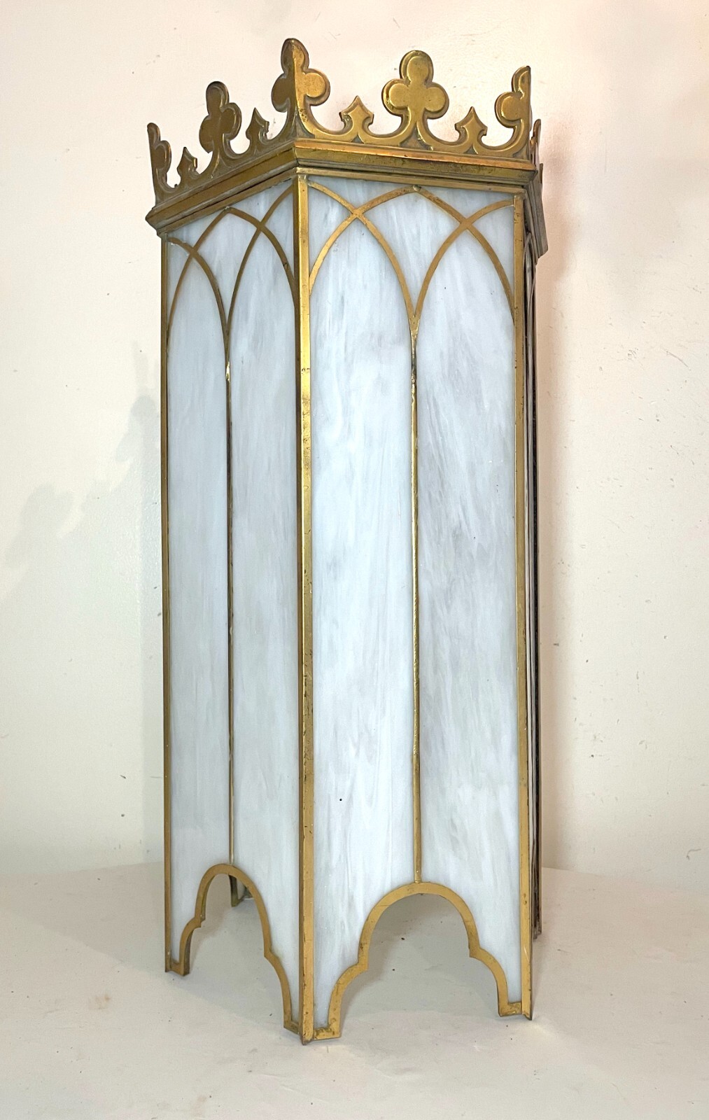 LARGE antique ornate gilt bronze stained glass church gothic hanging chandelier
