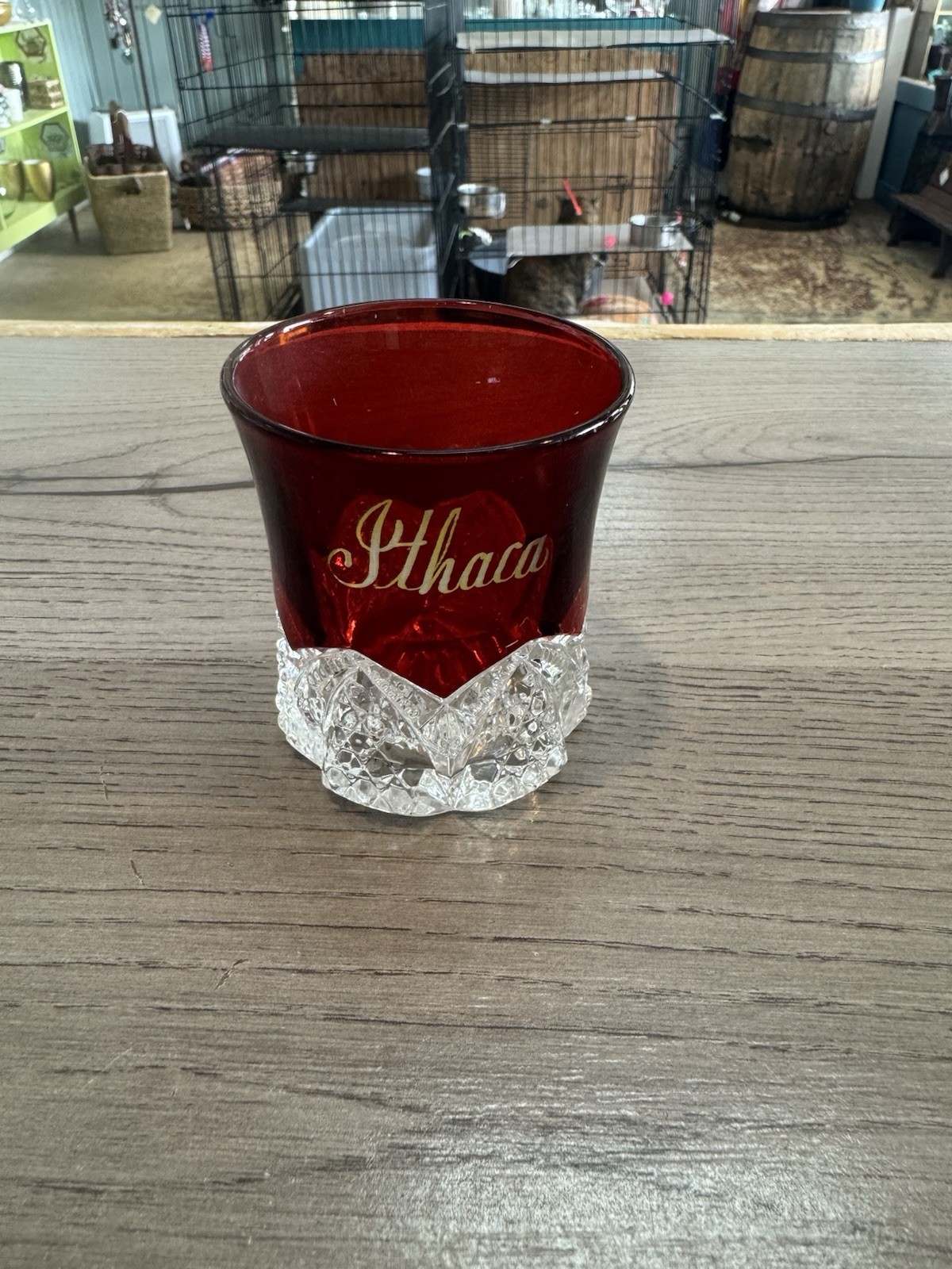 Antique Ruby Red Flash Souvenir Glass CUT GLASS MUG Ithaca