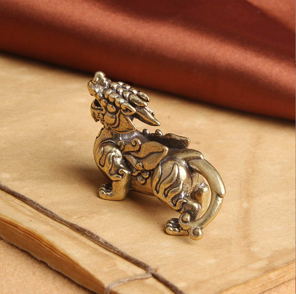 1.9″ Curio Chinese Bronze Kylin Chi-lin Qilin Pixiu Pi Xiu Beast Statue Gifts US