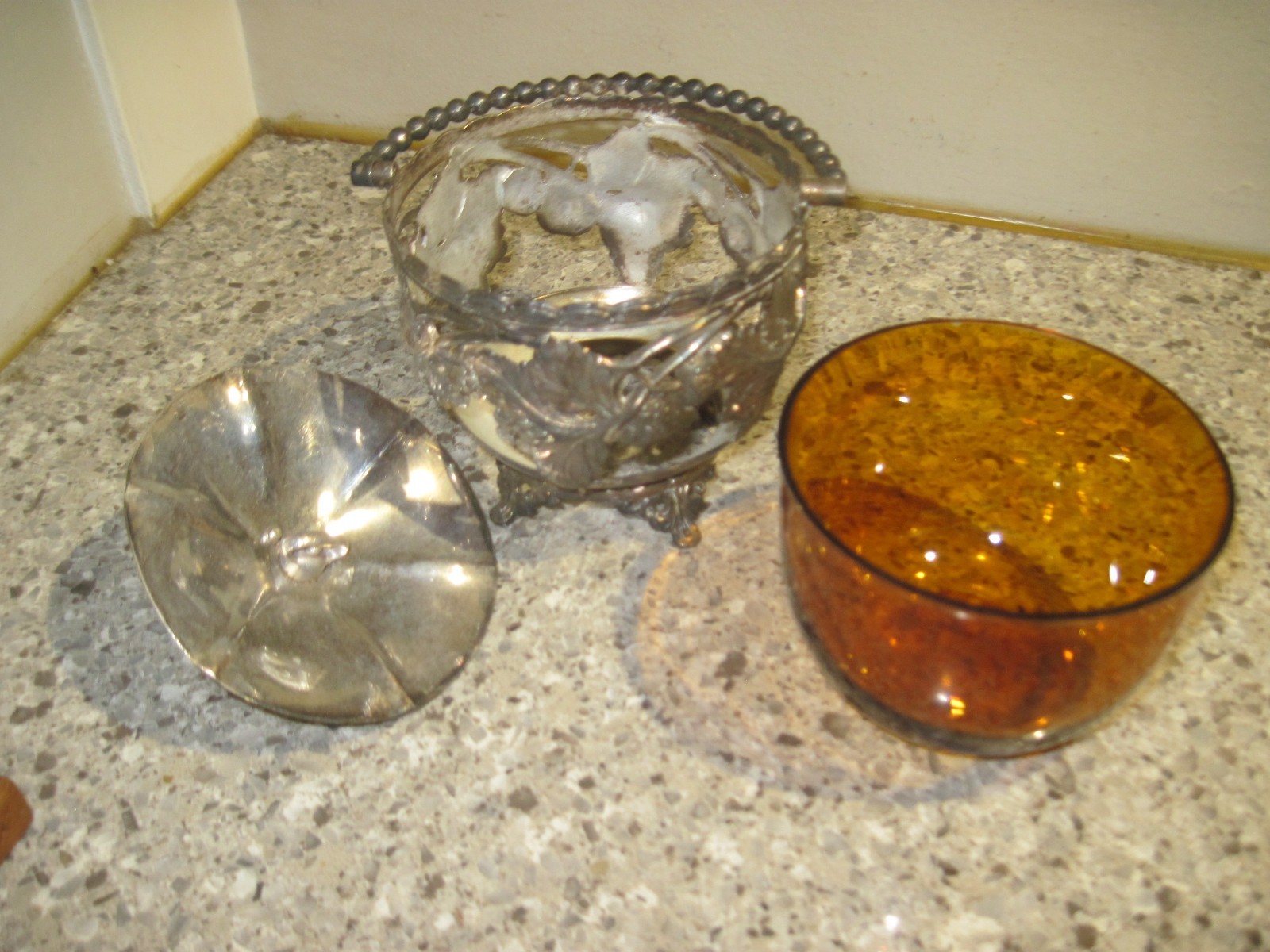 Antique Art Deco Ornate Silverplate Covered Berry Jar with Amber Glass Insert