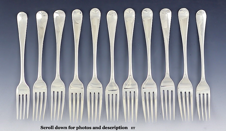 1787-1828 Excellent Set 11 English Georgian Sterling Silver Luncheon Forks