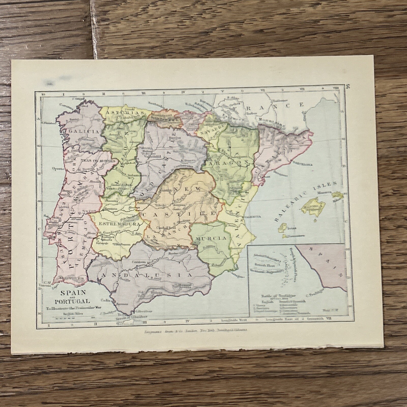 Antique Map Of Spain, Portugal & The Peninsular War (printed 1914) 8.25”x6.5”