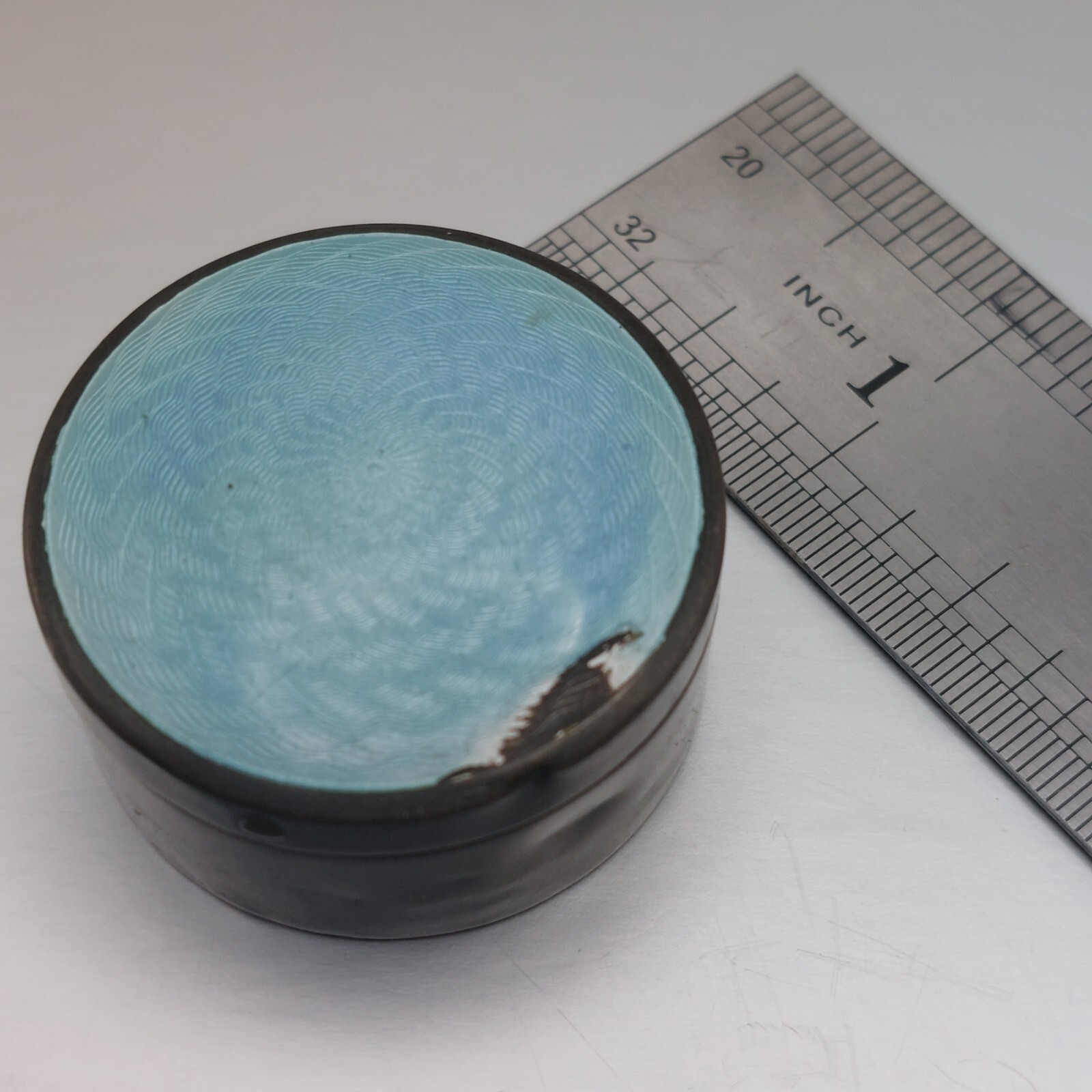 Antique Sterling Solid Silver Guilloche enamel box pill or rouge art deco 1927
