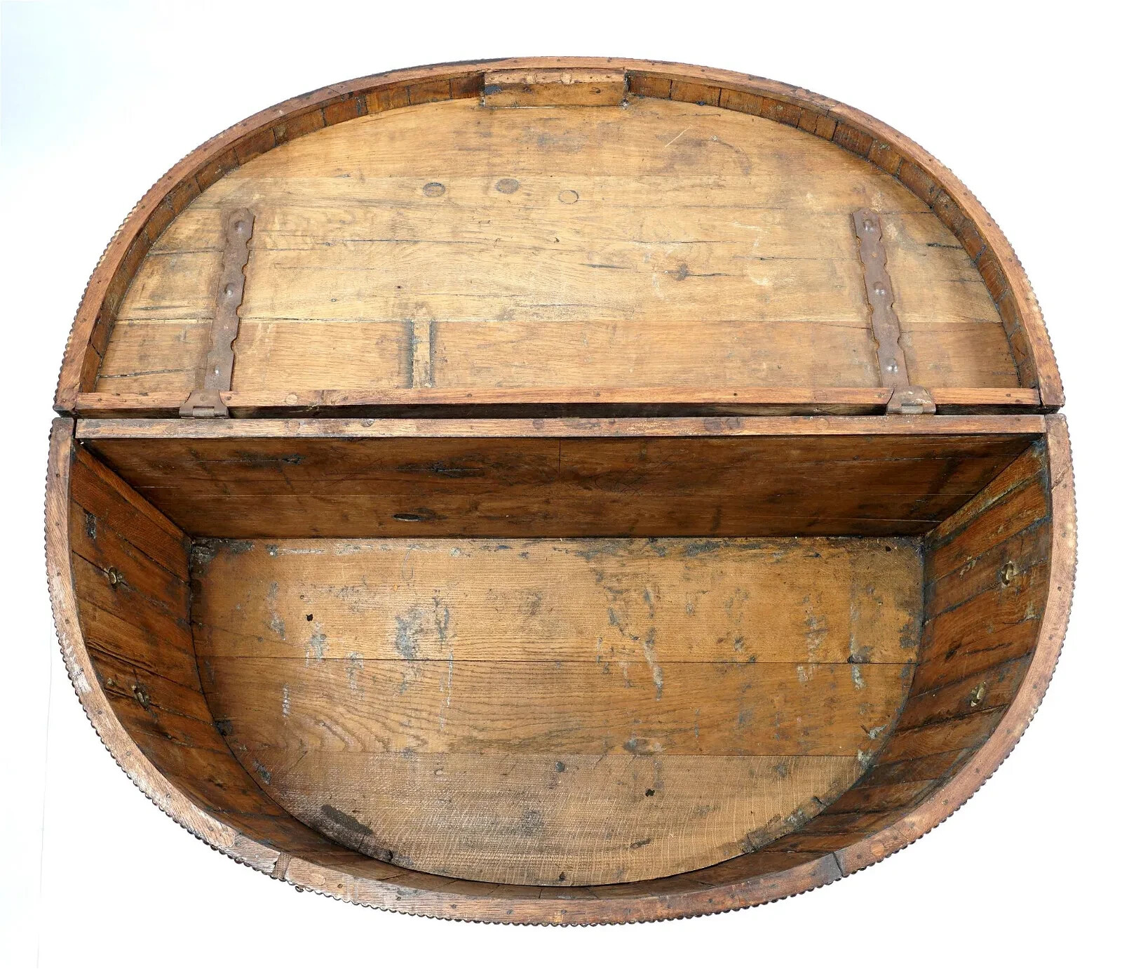 Antique Demilune Chest, Paint Decorated Scenes, Clad Leather, Brass Hand., 1800s