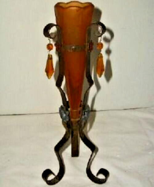 Art Deco Cottagecore Polychrome Trumpet Vase Amber Glass Prisms Tole Iron Stand