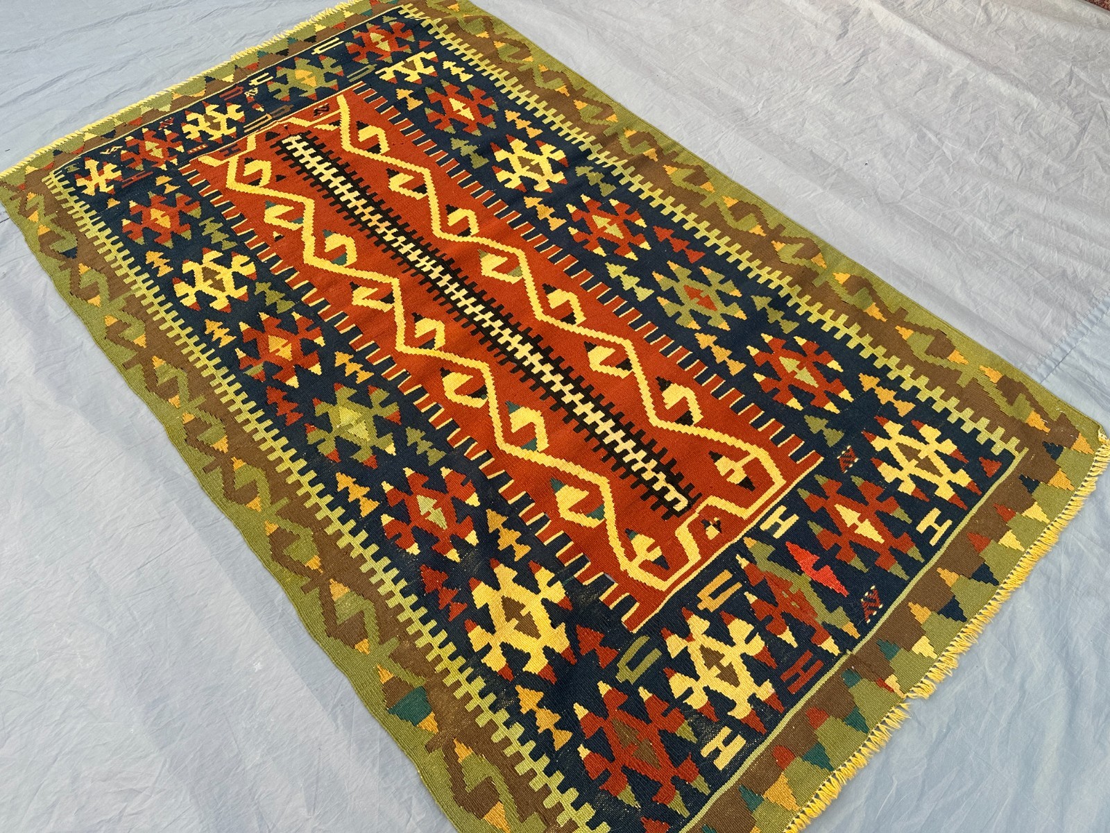 3’5 x 5’8 ft Vintage Turkish Kilim Rug Flat Weave Wool Oriental Moss Carpet