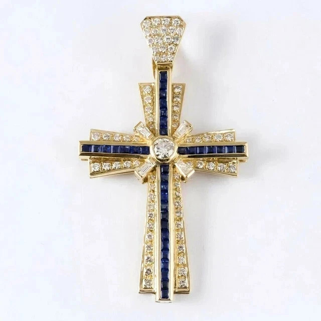 Round Cut 3Ct Lab Created Blue Sapphire Men Cross Pendant 14K Yellow Gold Plated
