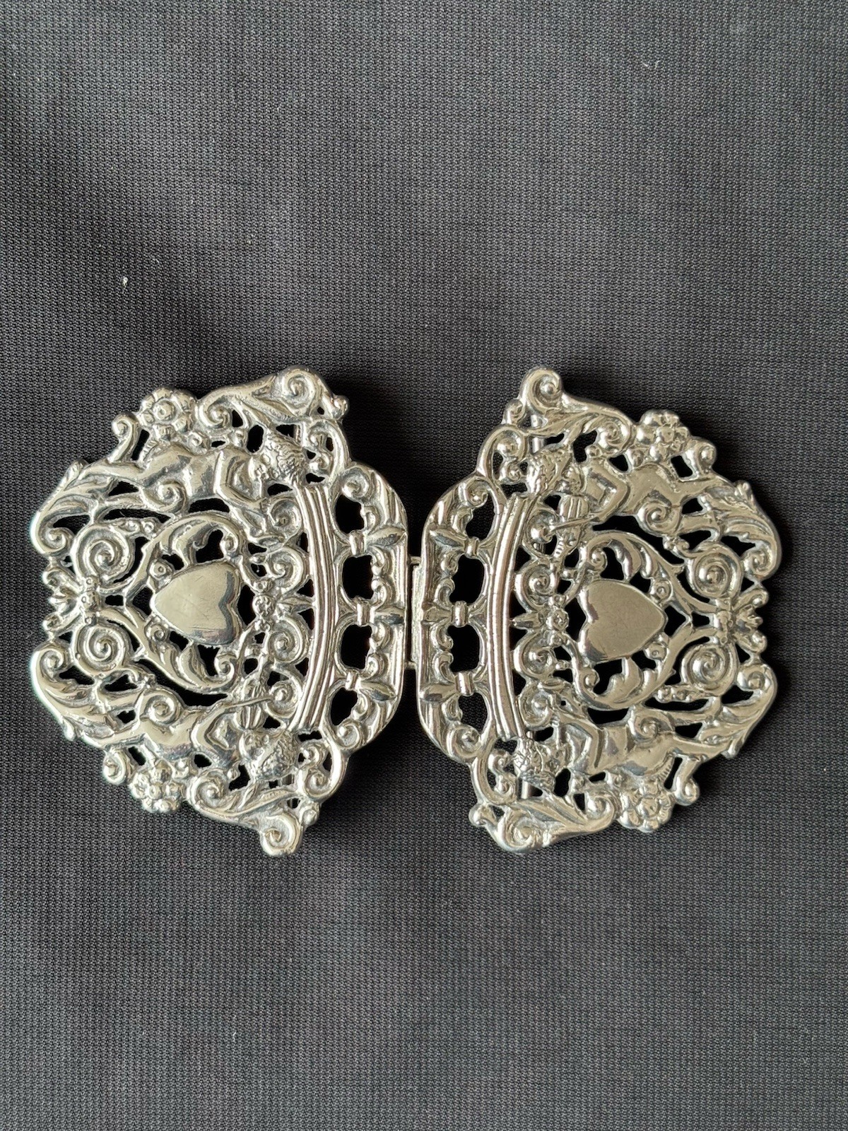 solid silver nurses Belt Buckle. Birmingham 1990. P.M.L. Cherubs & Heart Design