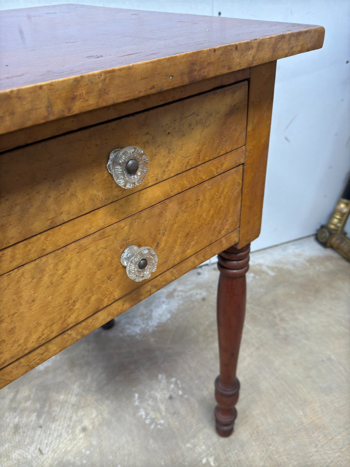 antique Birdseye maple & cherry red wash 2 drawer table stand Country Farm
