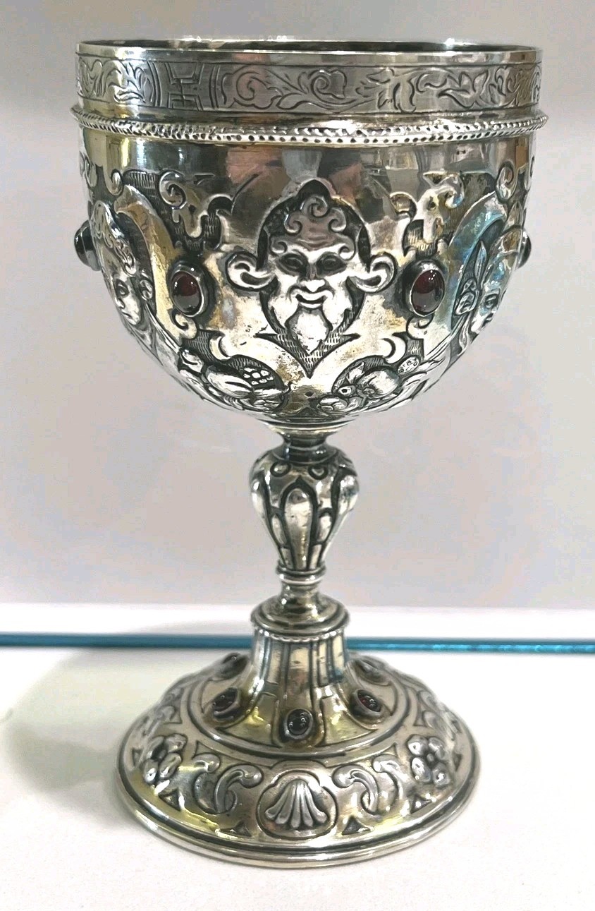 Rare Antique German 800 Silver Figural Goblet Baroque Rococo Red Cabochon 6.4 oz