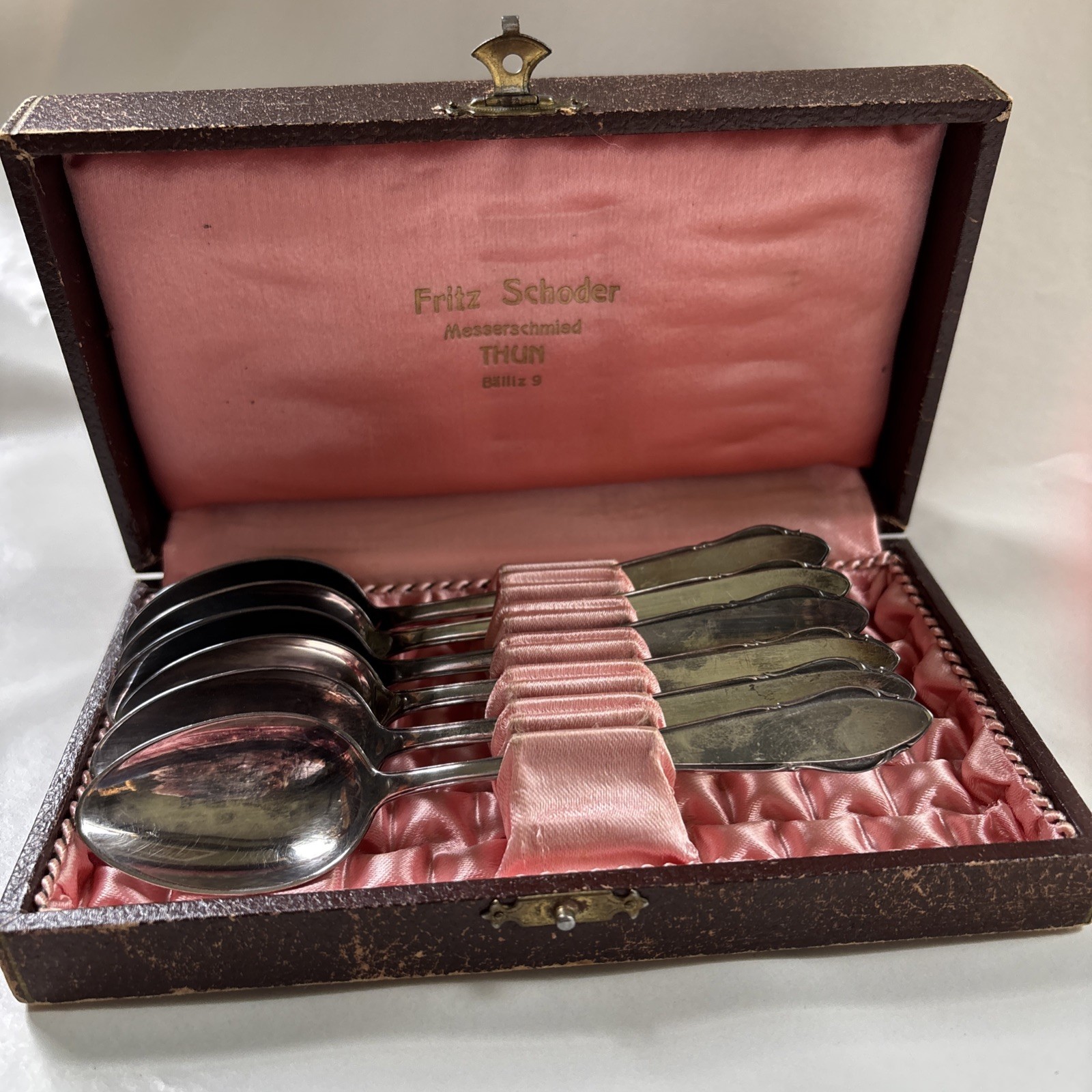 6 Silverplate SPOONS in Original Box Fritz Schoder Messerschmied THUN Batitz 9