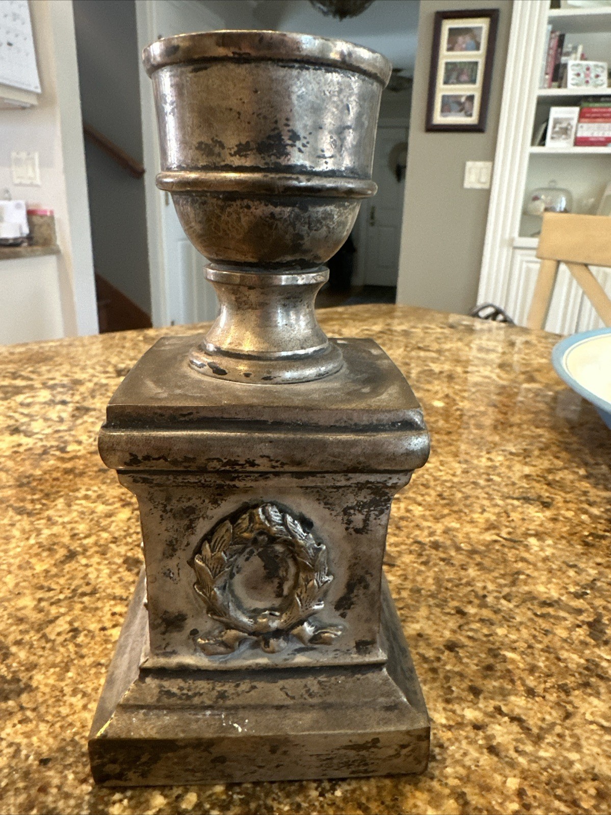 ANTIQUE 1800s HEAVY METAL NEOCLASSICAL CANDLEHOLDER LAUREL WREATH FOR OIL LAMP?