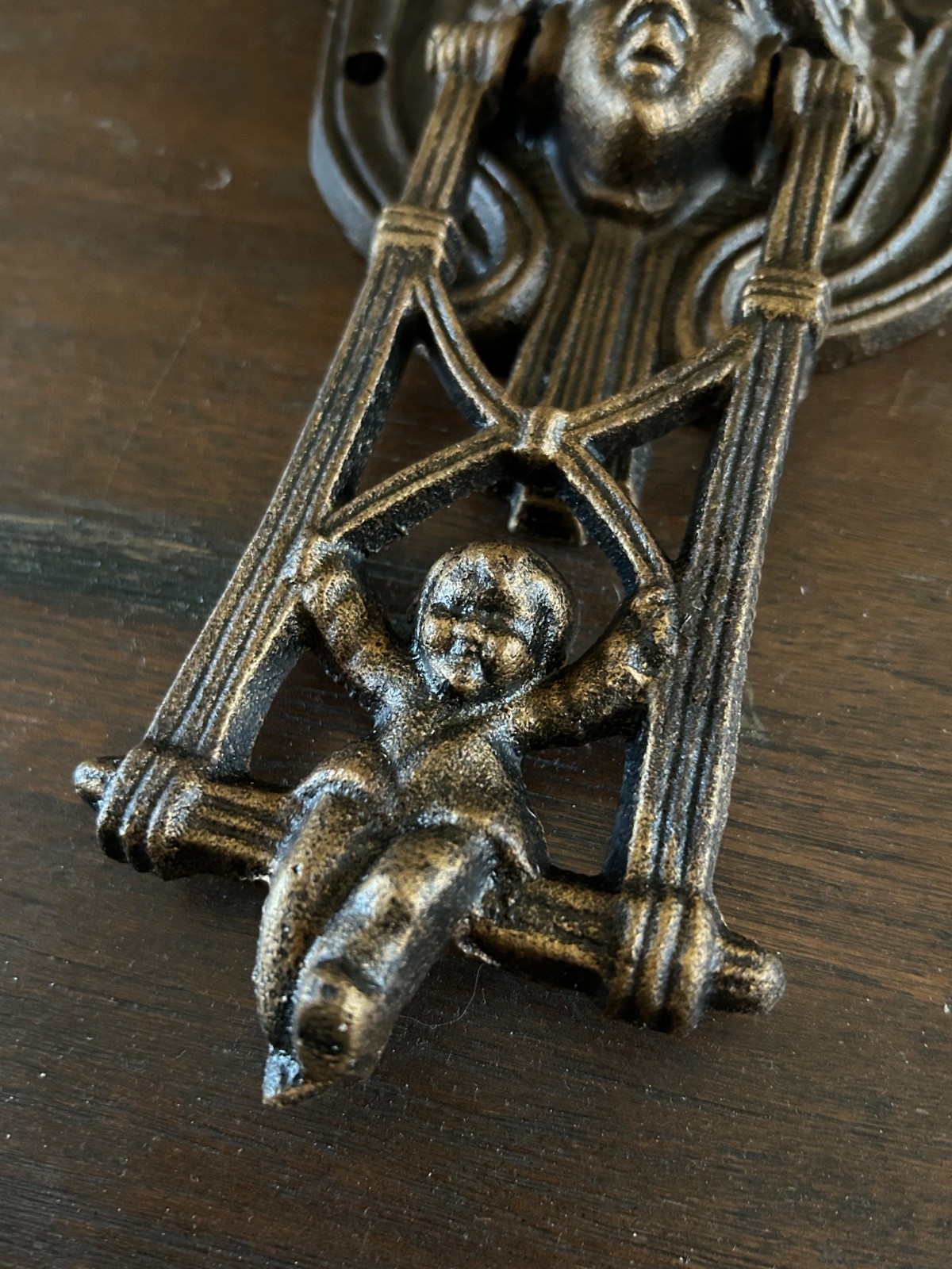 Art Nouveau Cast Iron Door Knocker – Vintage Female Mask & Cherub on Swing