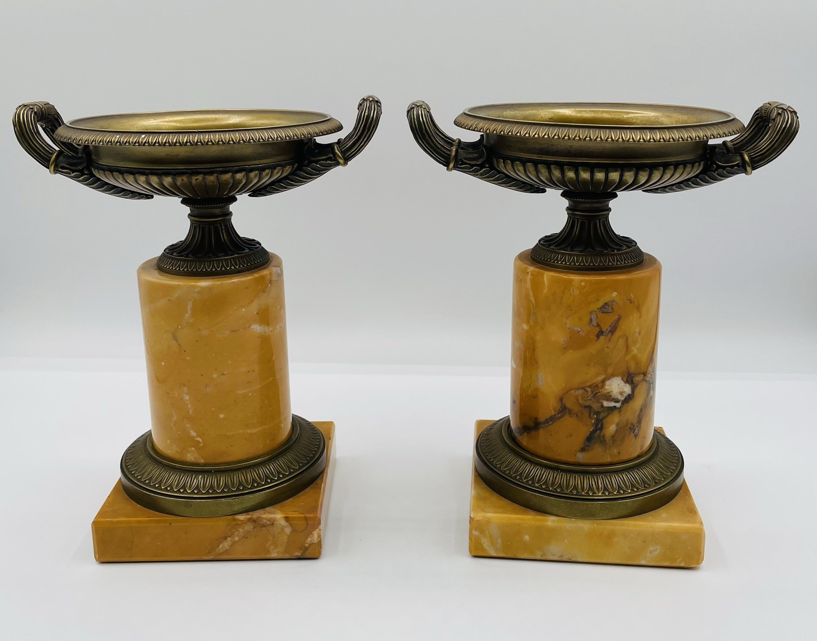 Vintage Pair 19th Century French Bronze Marble Tazzas Urn Classical Centerpiece