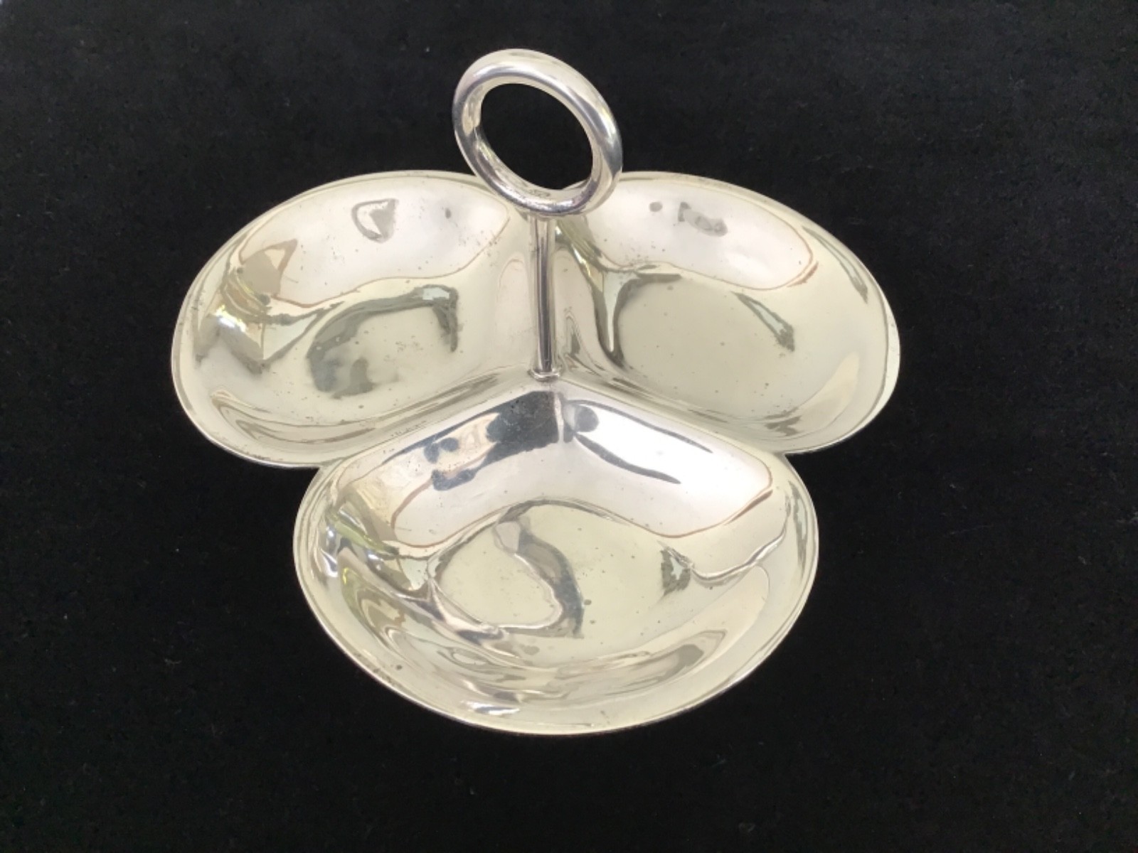 Unger Brothers Sterling Silver Small 3 Part Dish with Handle B2007 6″ Across