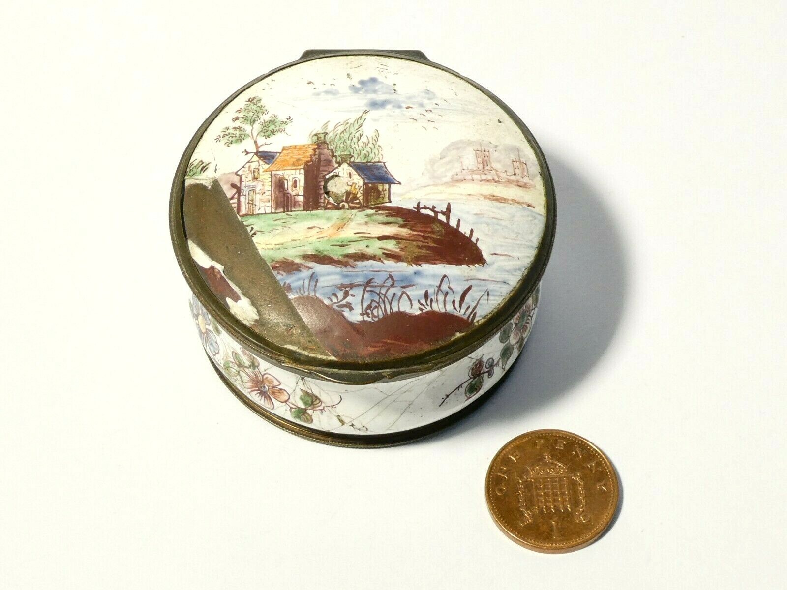 1810 Enamel Box Hand Painted Landscape River Scene & Floral Sprays a/f #T20
