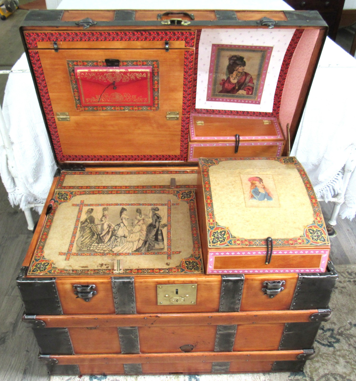 Antique Dome top wedding trunk wooden brides style steamer chest restored C-1875