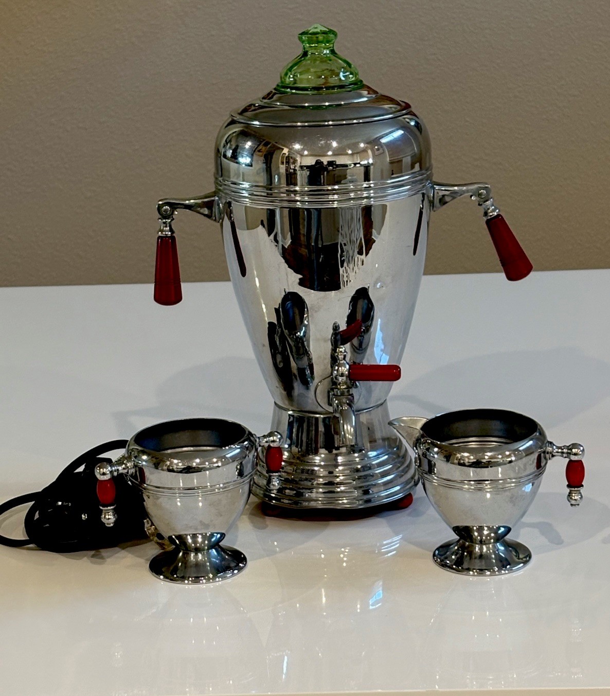 Vintage Percolator Set with Depression Glass Lid and Creamer Sugar Set. New plug