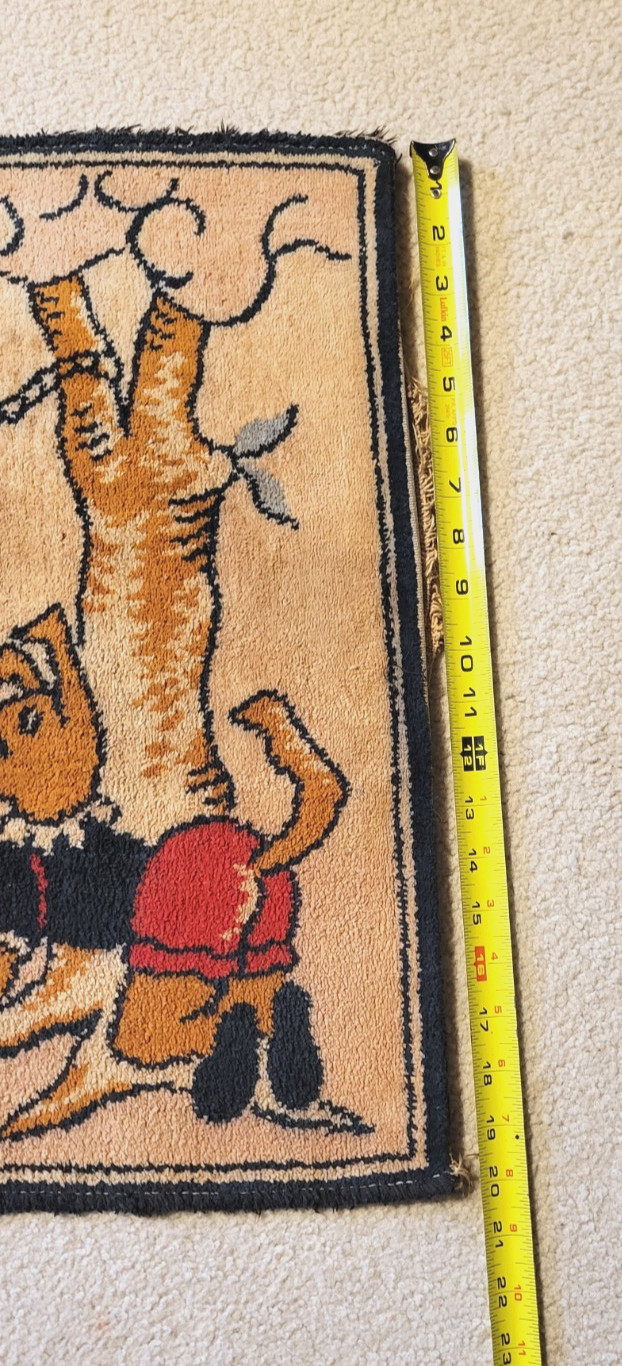 PRIMITIVE NEEDLEPOINT BUNNY RABBIT FOLK ART TAPESTRY PICTORIAL RUG MAT MCM ANTIQ