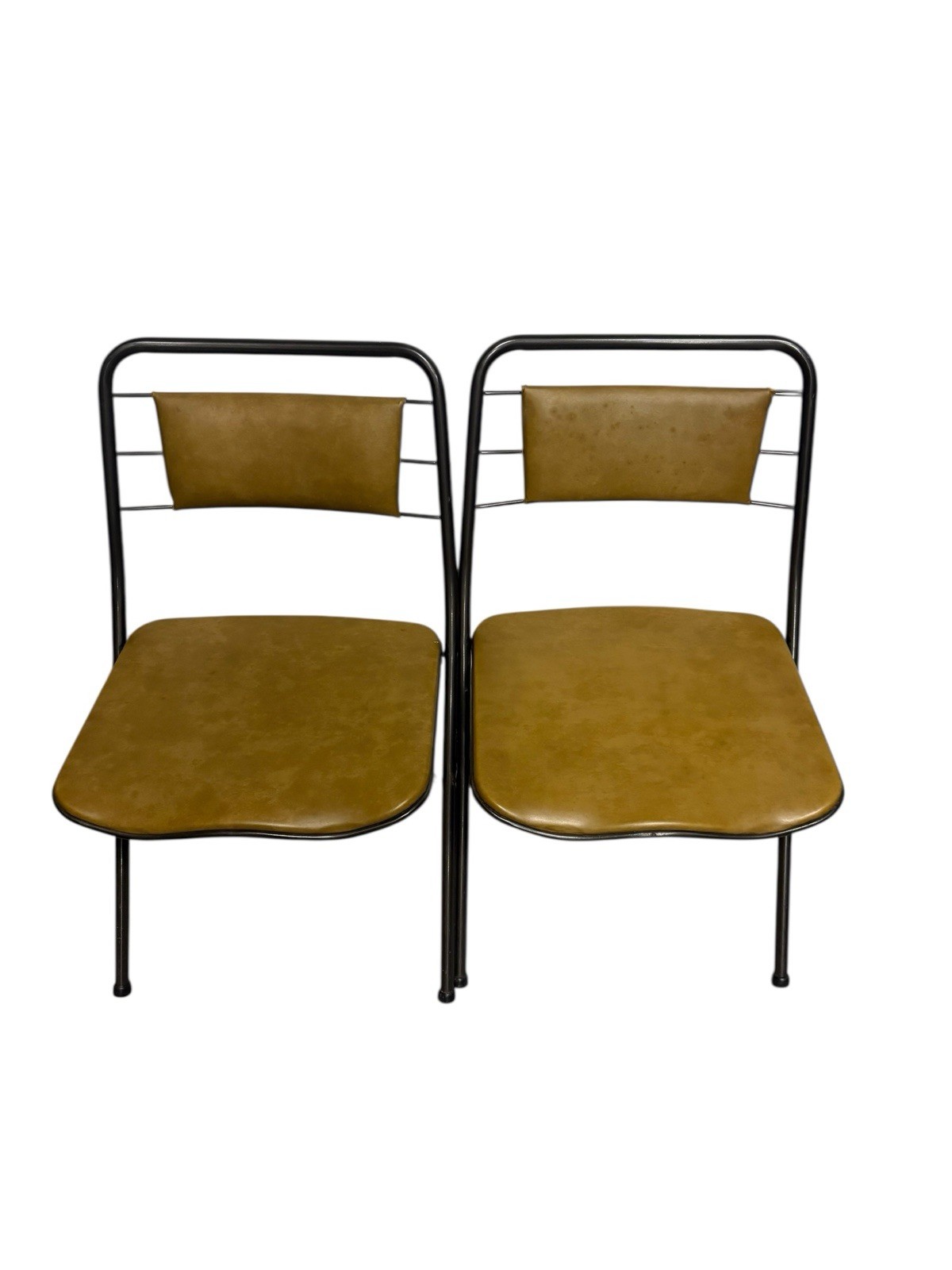 2 VTG METAL FOLDING CHAIRS GOLD PADDED SEAT & BACK MID CENTURY