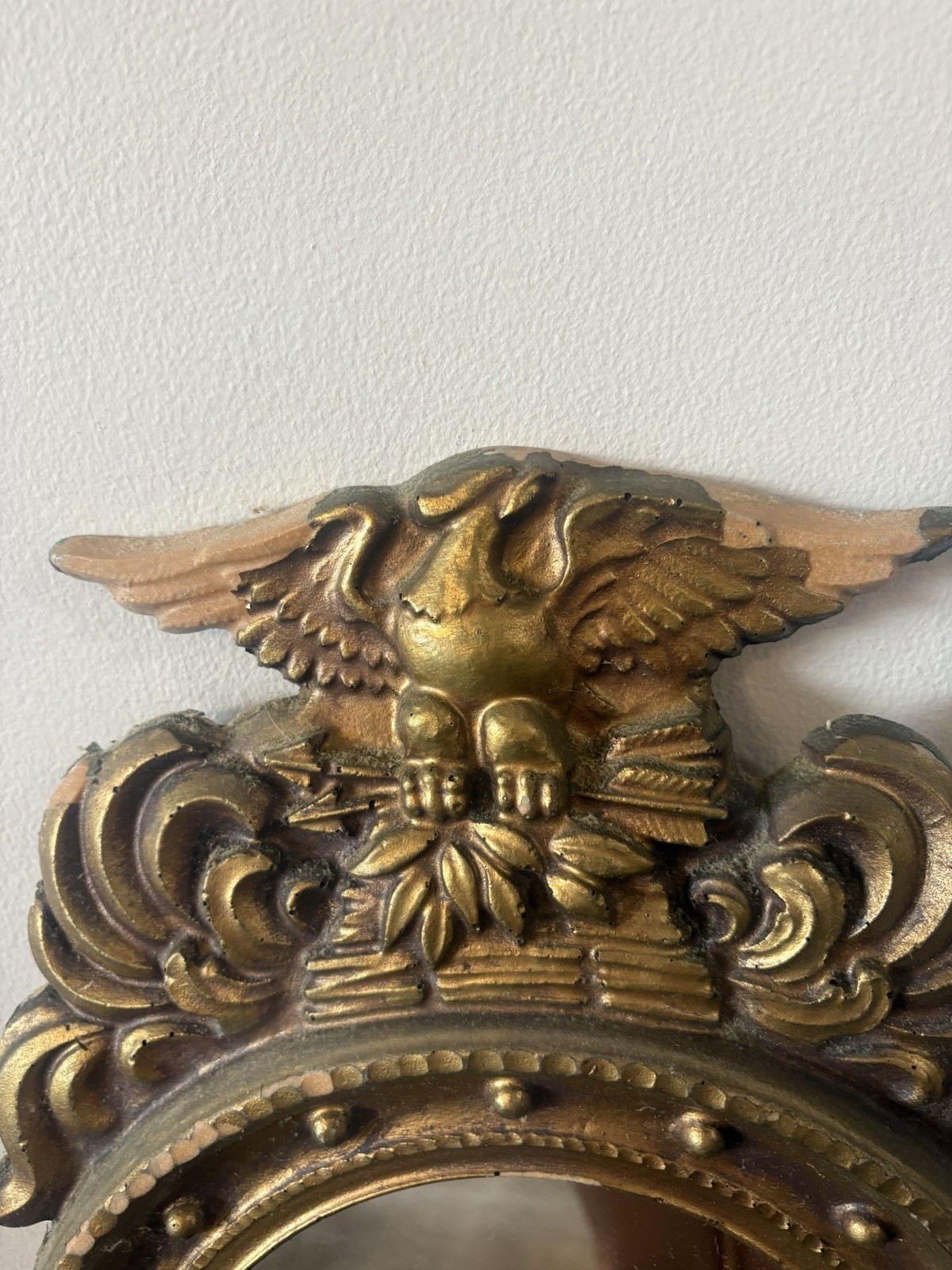 Antique Wood Federal Gold Gilt Porthole Eagle Mirror USA Distressed