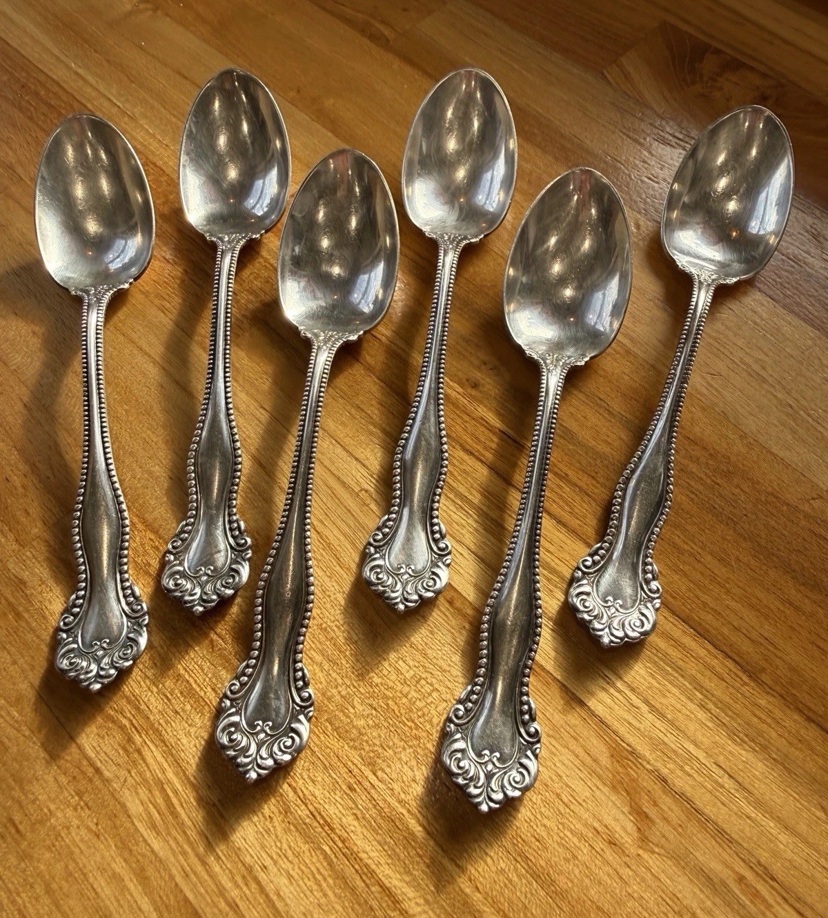 Set of 6 M.S. Benedict Teaspoons Silver Plated Beaded Ornate 6″ Antique Flatware