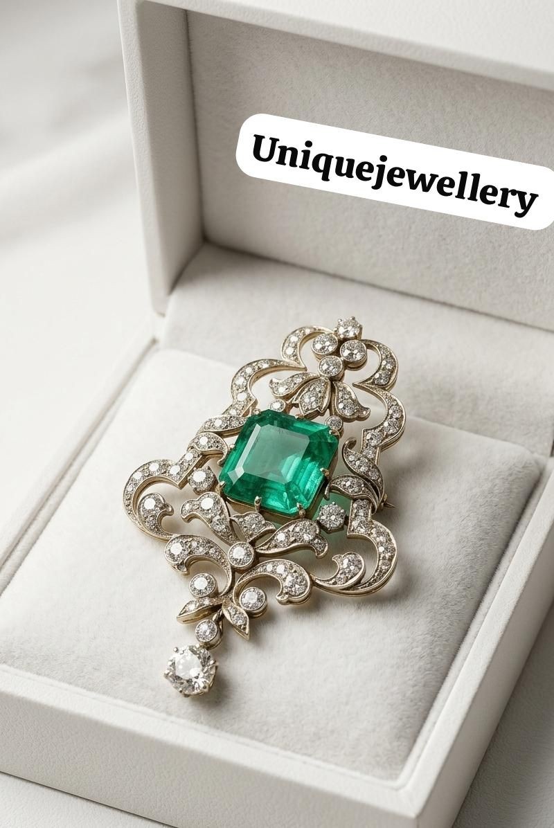 Asscher Cut Emerald Brooch Pin 14k White Gold Plated, Wedding Jewelry