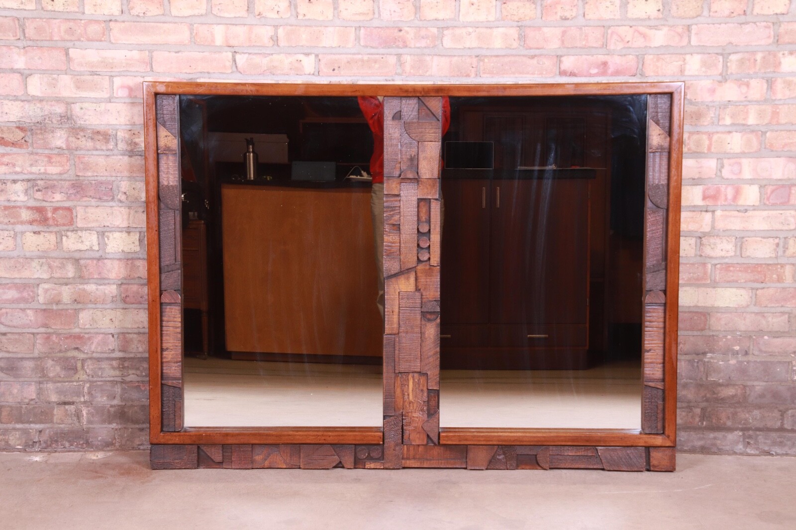 Paul Evans Style Lane Pueblo Brutalist Oak Framed Double Mirror, 1970s