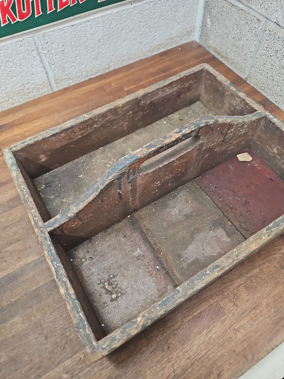 Y12- antique Primitive Tool Caddy Green Paint 16 x 13 x 4