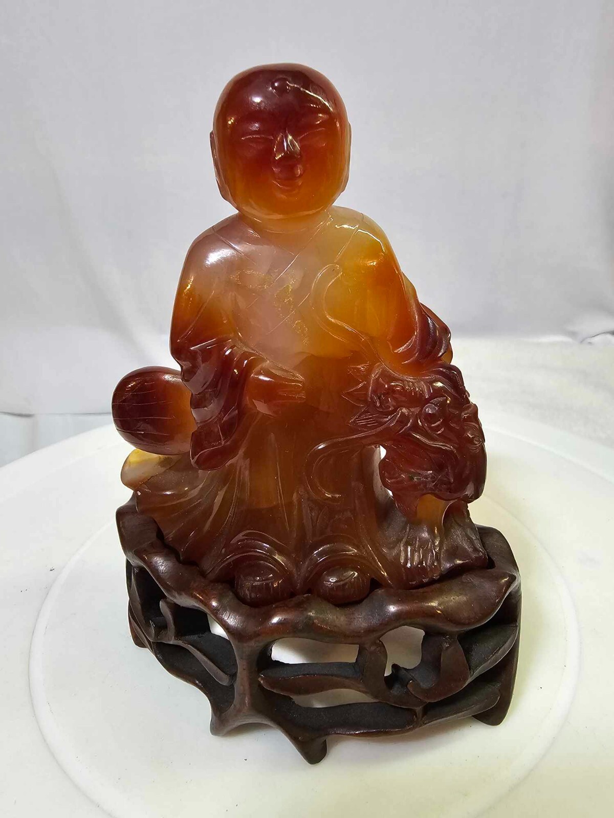 1940’s RARE Asian Carnelian Agate Buddha w Dragon Figurine Statue -READ- L5