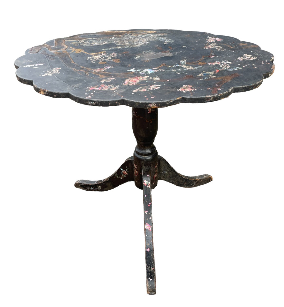 ANTIQUE EBONISED HAND PAINTED & MOTHER OF PEARL OCCASIONAL TABLE 19th CENTURY