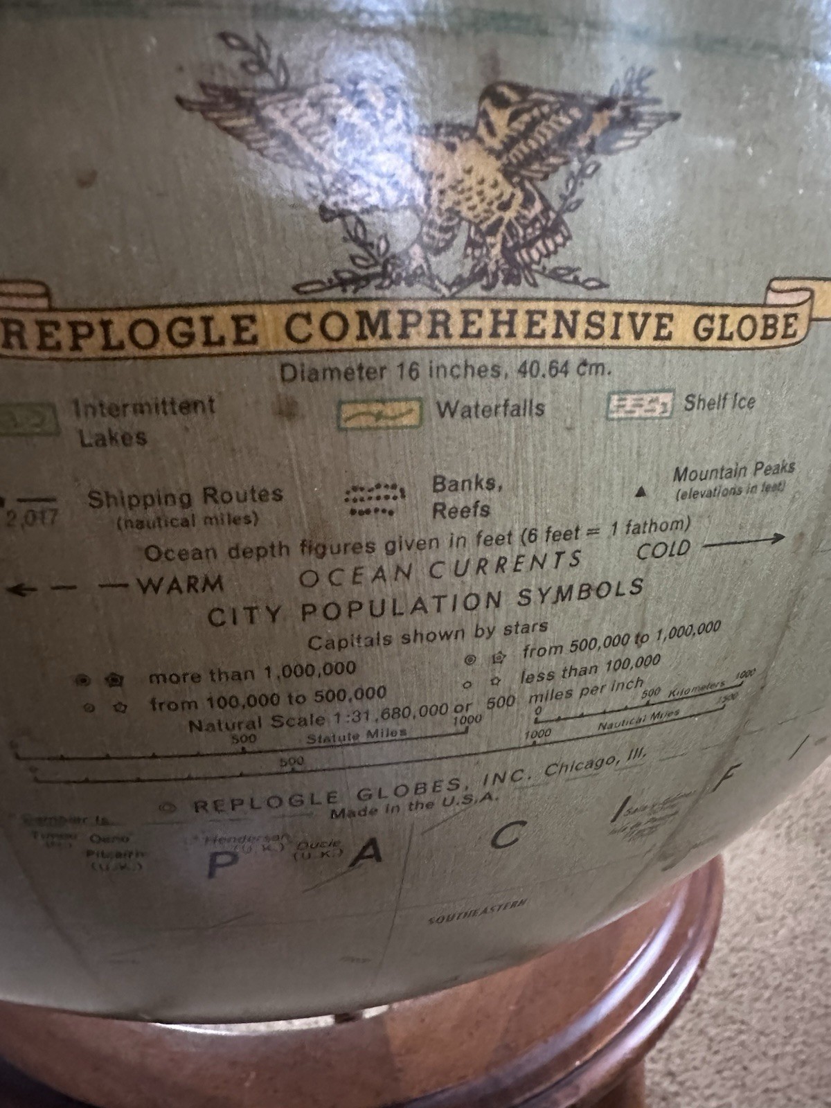REPLOGLE Comprehensive Globe 16” Diameter Vintage On Fruitwood Stand USA 🔥