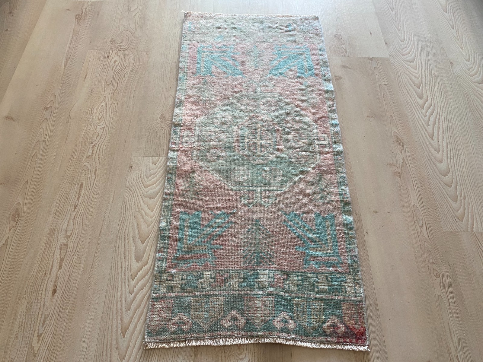 Vintage Turkish Small Rug 1.5 x 3.3 ft Handmade Wool Anatolian Narrow Pastel Rug