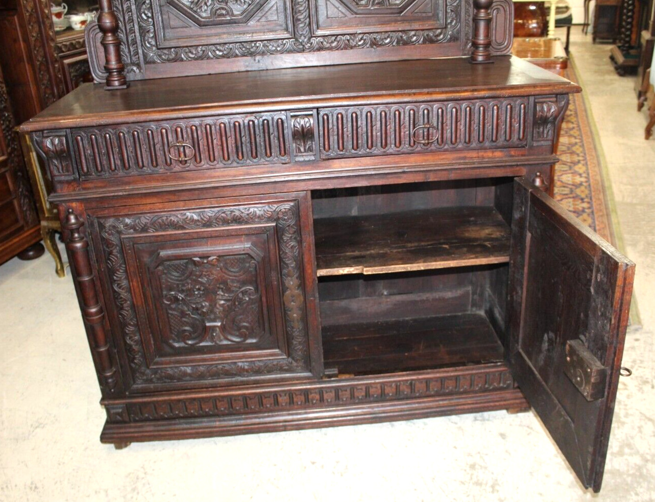 French Antique Renaissance Dark Oak Wood Buffet / Sideboard /Server Circa 1820
