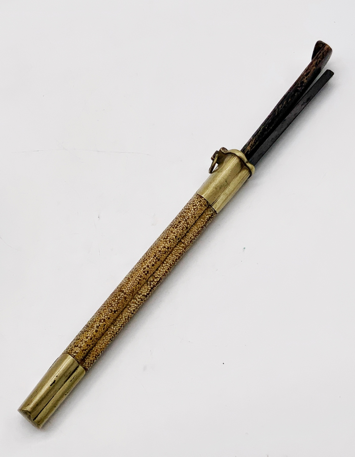 Antique Chinese Shagreen Ray skin eating set horn chopsticks knife Trousse Tibet
