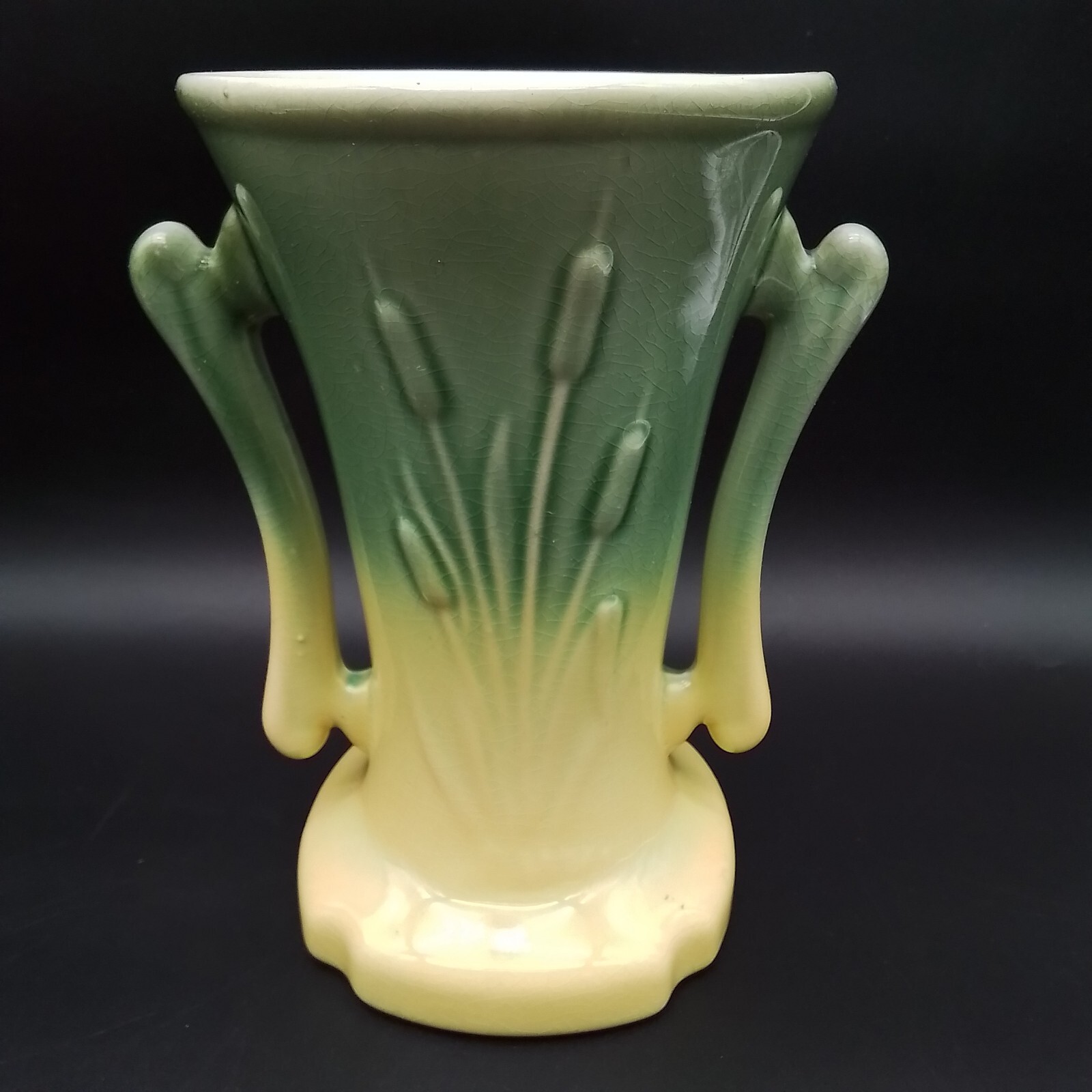 Vintage 50s Mid Century Modern Cameron Clay Art Pottery Cattail handled Vase EX