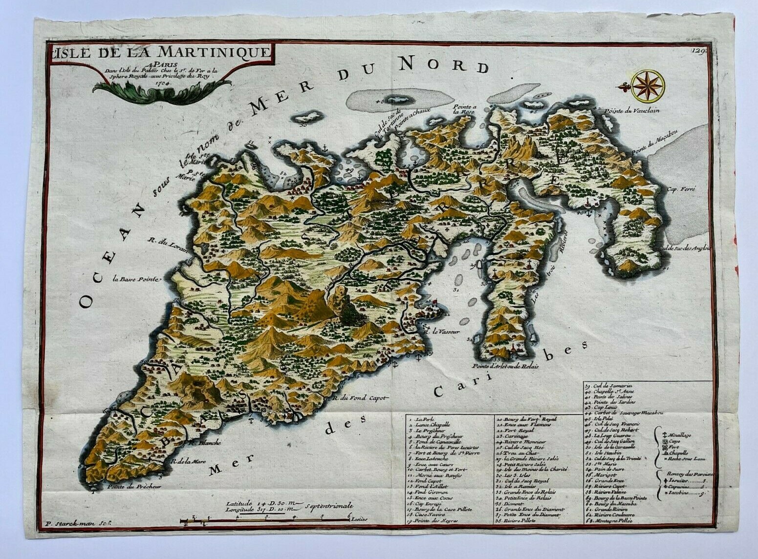 MARTINIQUE CARIBBEAN 1704 NICOLAS DE FER UNUSUAL ANTIQUE MAP 18TH CENTURY